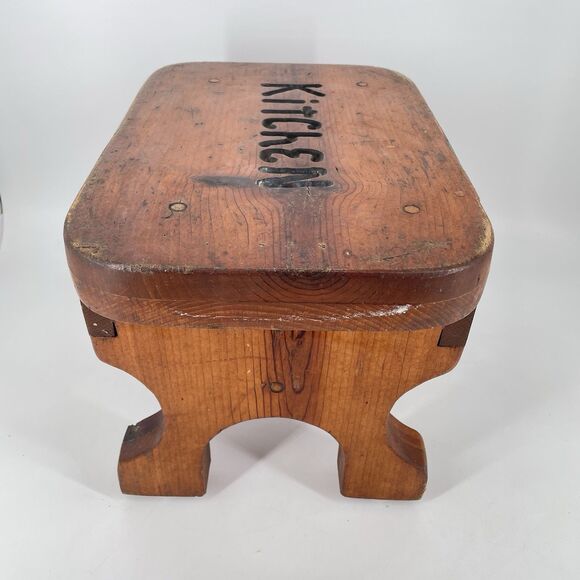 Vintage Solid Wood Stool “Kitchen” Rustic Farmhouse Primitive Decor - Picture 7 of 10